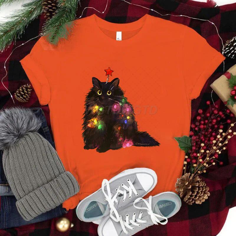 Women Tshirts Christmas Lights Cat Kawaii Cartoon Tops Tees Cute Animal Lover Funny T Shirts Girl Black Cat Fashion Casual Tops