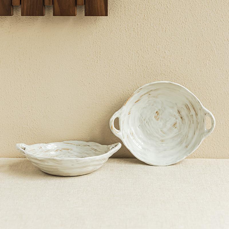 Coarse Pottery Binaural Bowl Hand-Painted Ceramic Bowl Practical Tableware Portable Bowl Household Bowl Salad Bowl Vegetable Bowl