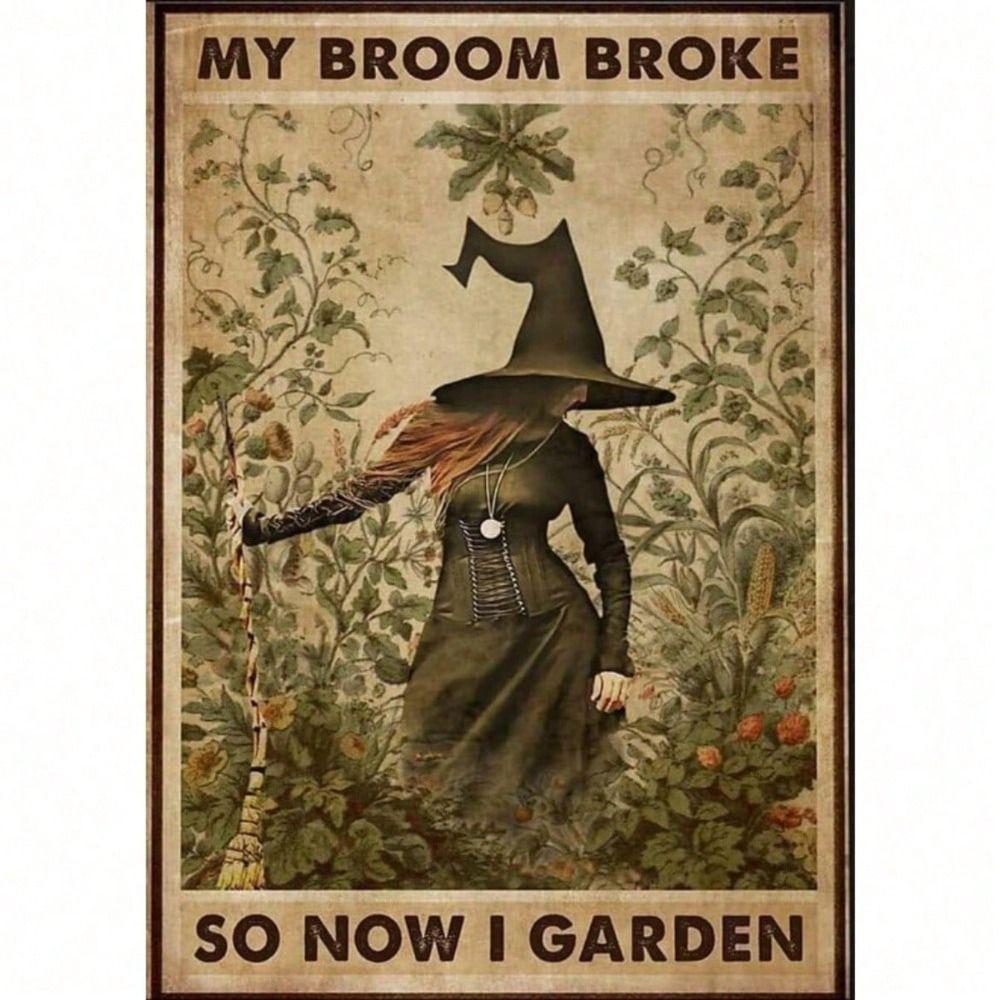 Metal Poster Wall Art Witch with Broom Funny Retro Garage Decor