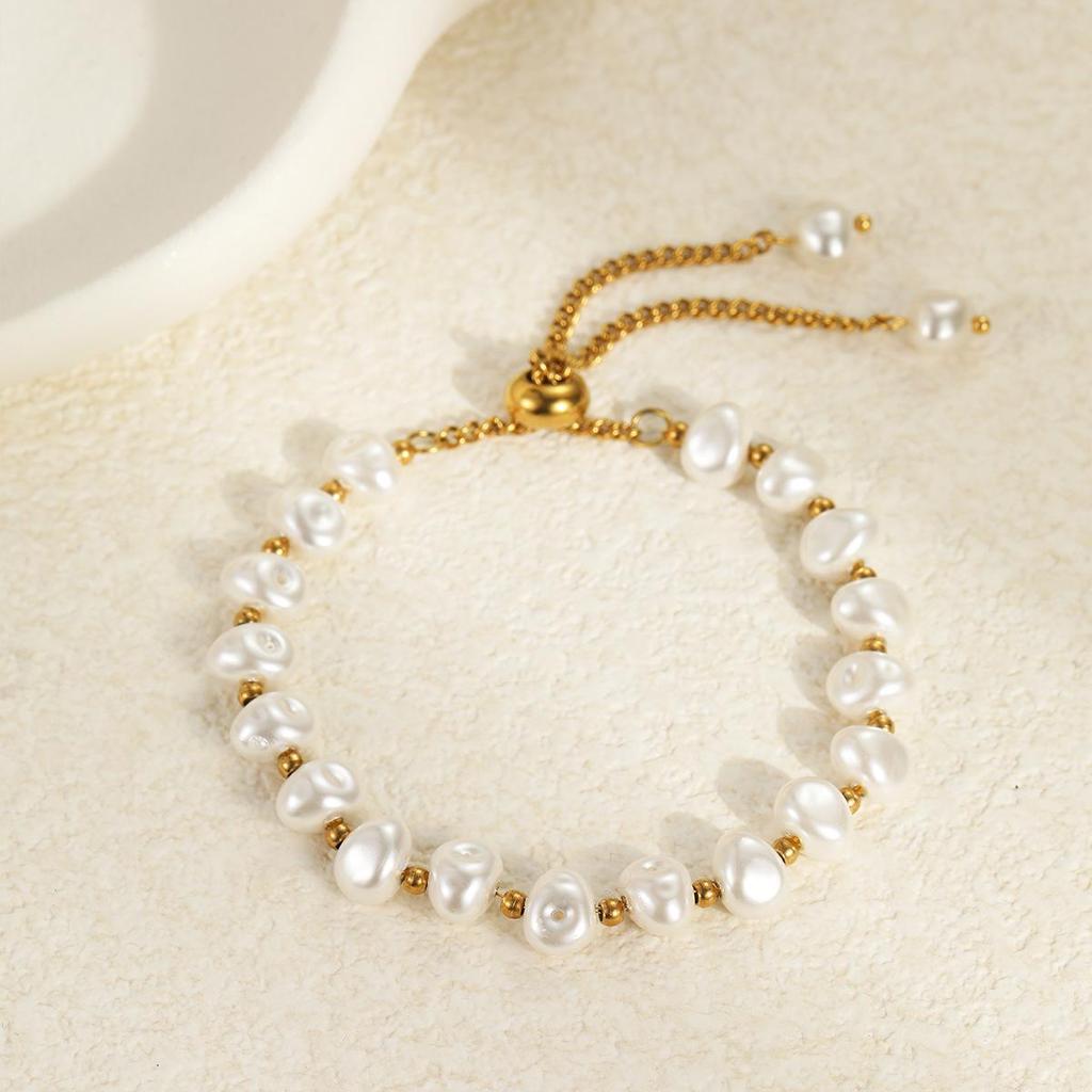 Elegant Baroque Faux Pearl Stainless Steel Layered Bracelet Earrings Set