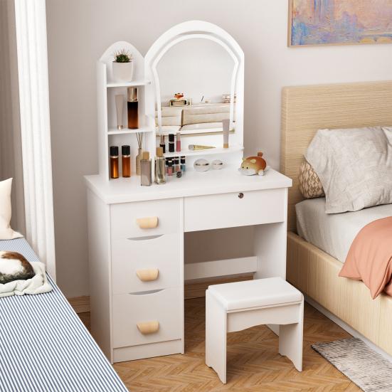 Makeup Vanity Desk with LED Lighted Mirror, Vanity Table with 4 Drawers and Opening Shelves, Bedroom Dressing Table with Stool