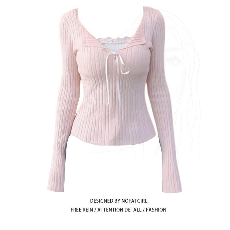 Plus-Size Lace-Up V-Neck Long-Sleeve Knit Top for Women, Autumn and Winter Slim-Fit Base Layer