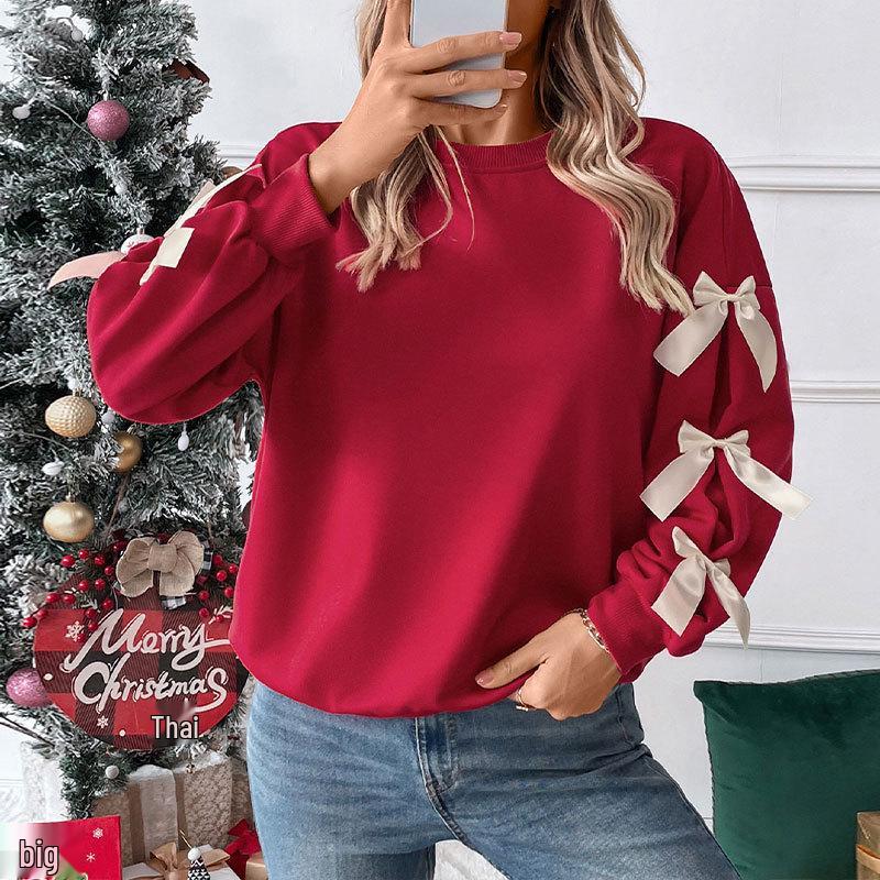 Women's Red Christmas Bow Sweatshirt: Sweet Style, Round Neck, Autumn/Winter