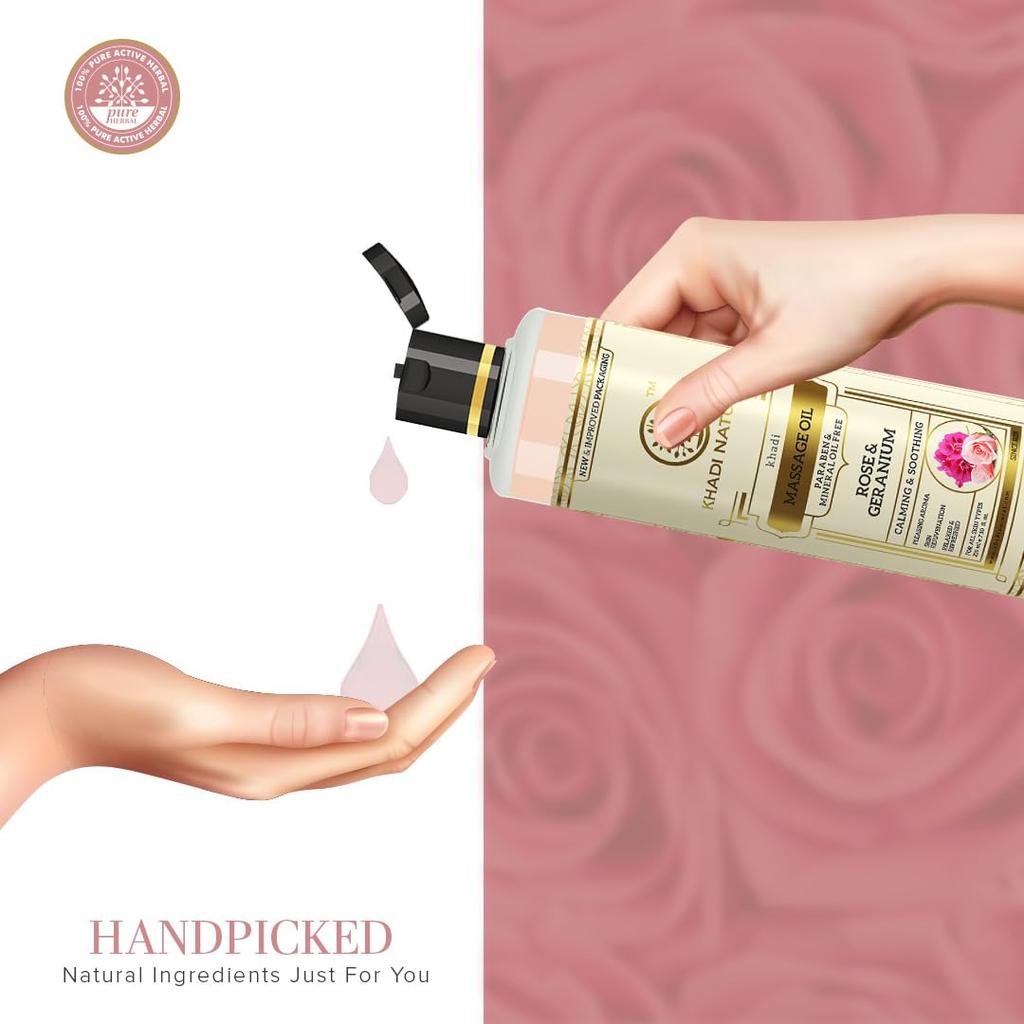 Khadi Natural Ayurvedic Rose Geranium Massage Oil 210 Ml Relaxing Body Oil For All Skin Types Paraben Free
