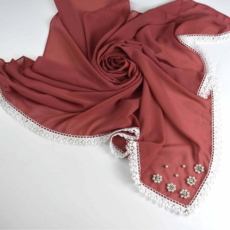 Monochrome Pearl Chiffon Square Scarf With Small Flower For Women