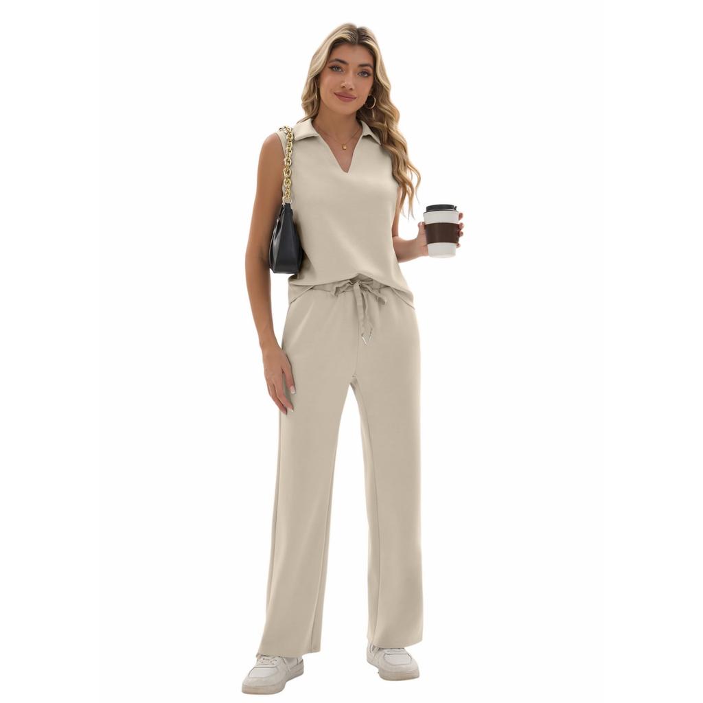 Ladies' Casual Temperament V-neck Casual Top Wide Leg Pants Two-piece Set