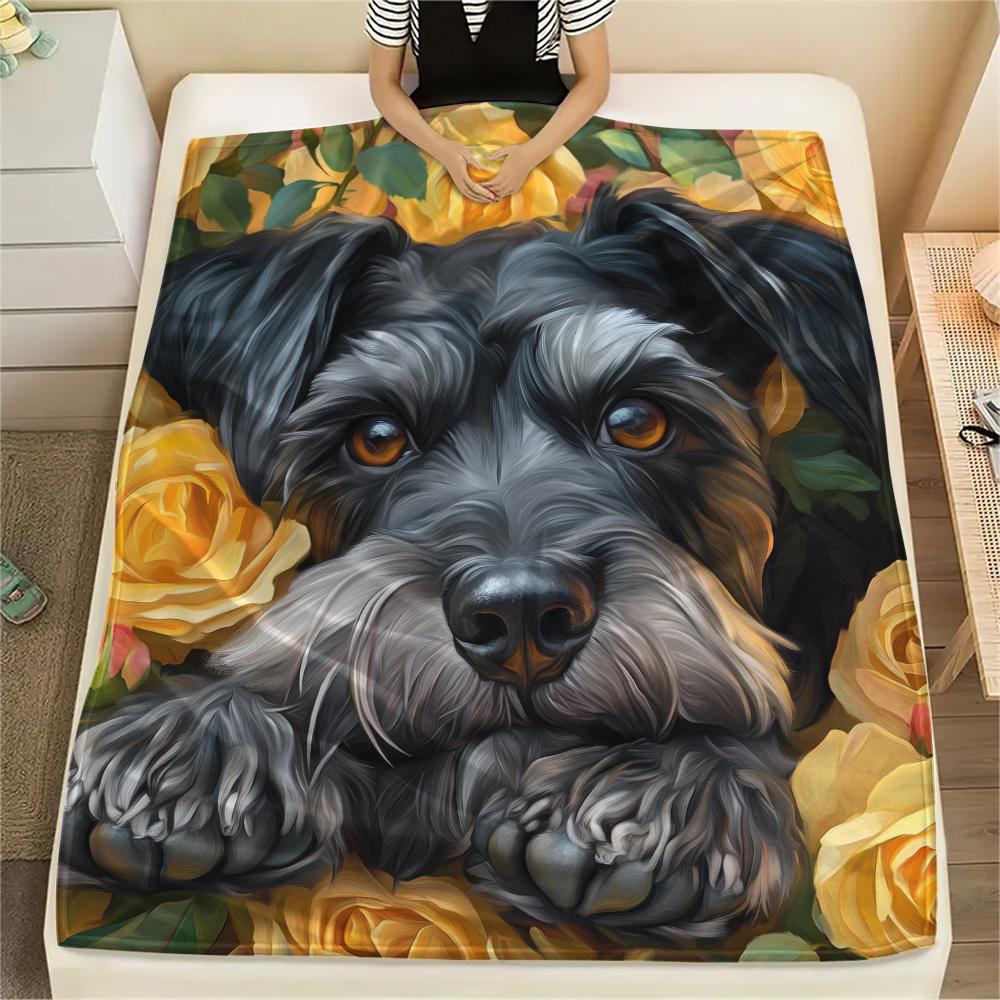 Schnauzer and Roses,pattern Flannel Blanket, High Quality Comfortable for All Seasons, Home Decor, Warmth and Comfort, Perfect for Gifts.