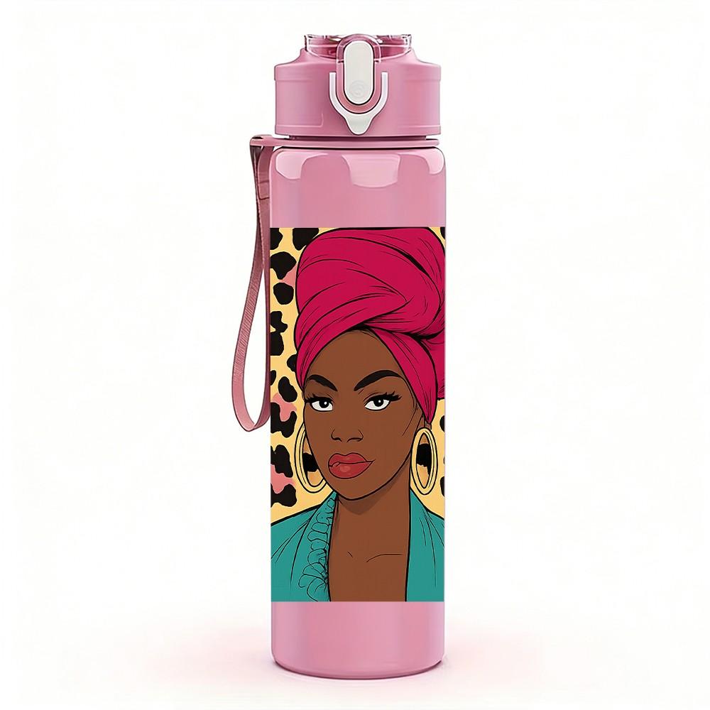1PC African Woman Turban Pattern 750ml Color Plastic Sports Water Bottle Leakproof Flip Straw Lid Suitable for Sports Office Home Use