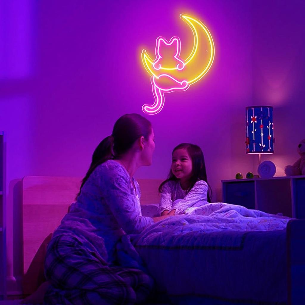 Anime Cat & Moon Neon Sign, Personalized Neon Signs for Wall Decor, LED Night Lights Home Decor Lights Backdrop LED Light up Signs for Game Room Sign