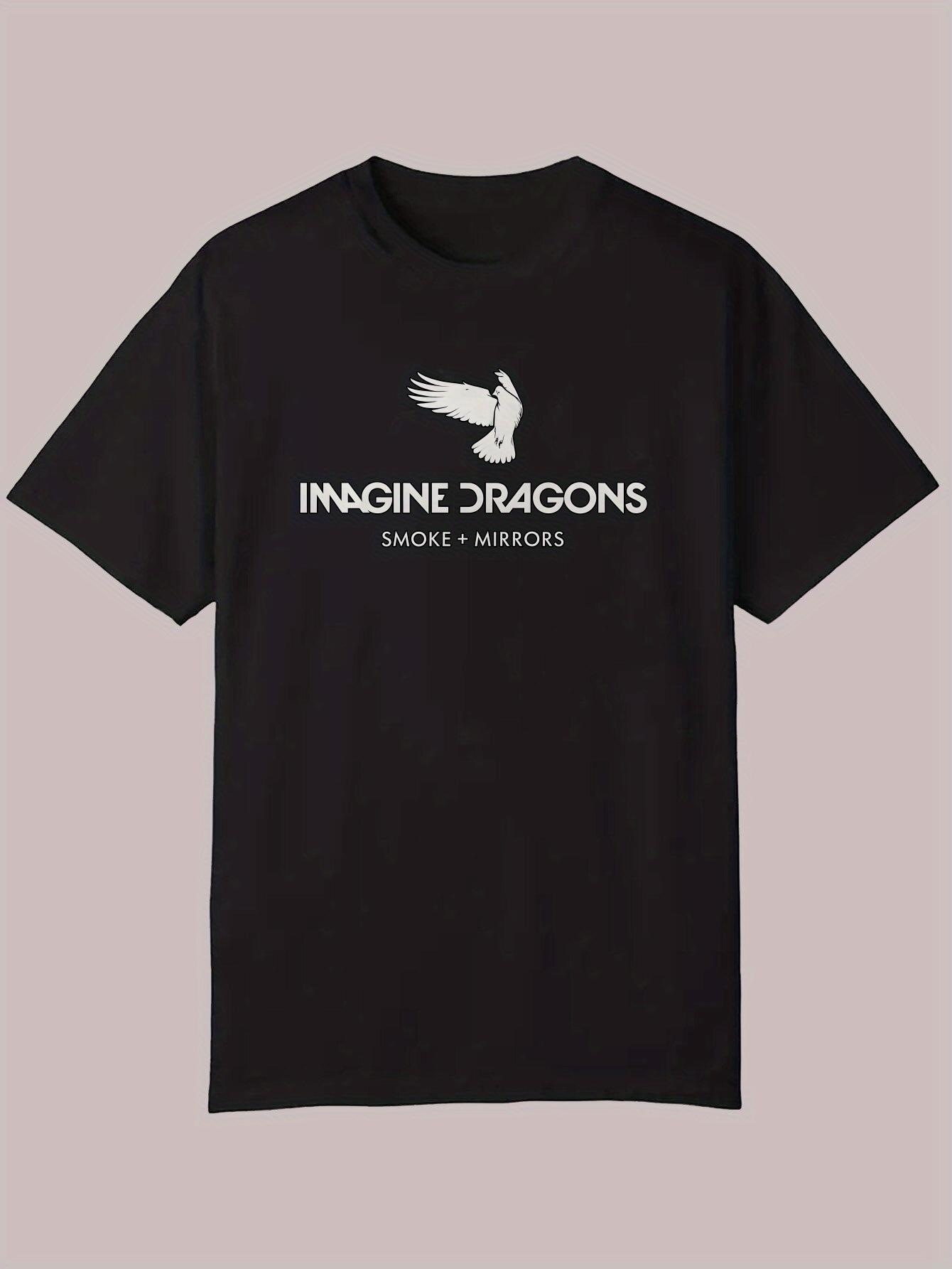

Black Graphic T-shirt with White Winged Dragon Design & Imagine Dragons Smoke + Mirrors Print - Lightweight Polyester Round Neck Casual Summer Tee S