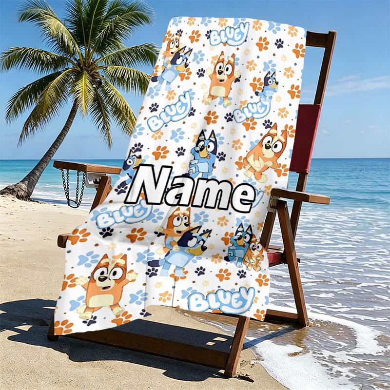 Custom Name Personalized Bluey Print Beach Towel, for Trip Camping Beach Party Home Decor, Birthday Gift for Family & Friends