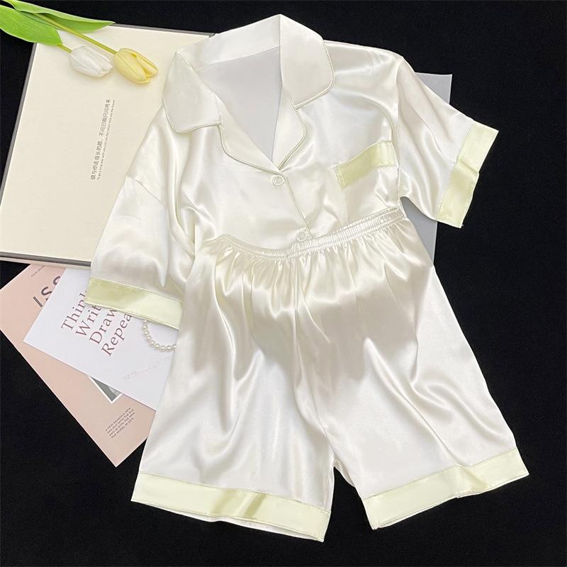 Summer Solid Color Splicing Design Ice Silk Pajama Set Temperament Niche Women'S Outer Wear Home Two-Piece Set