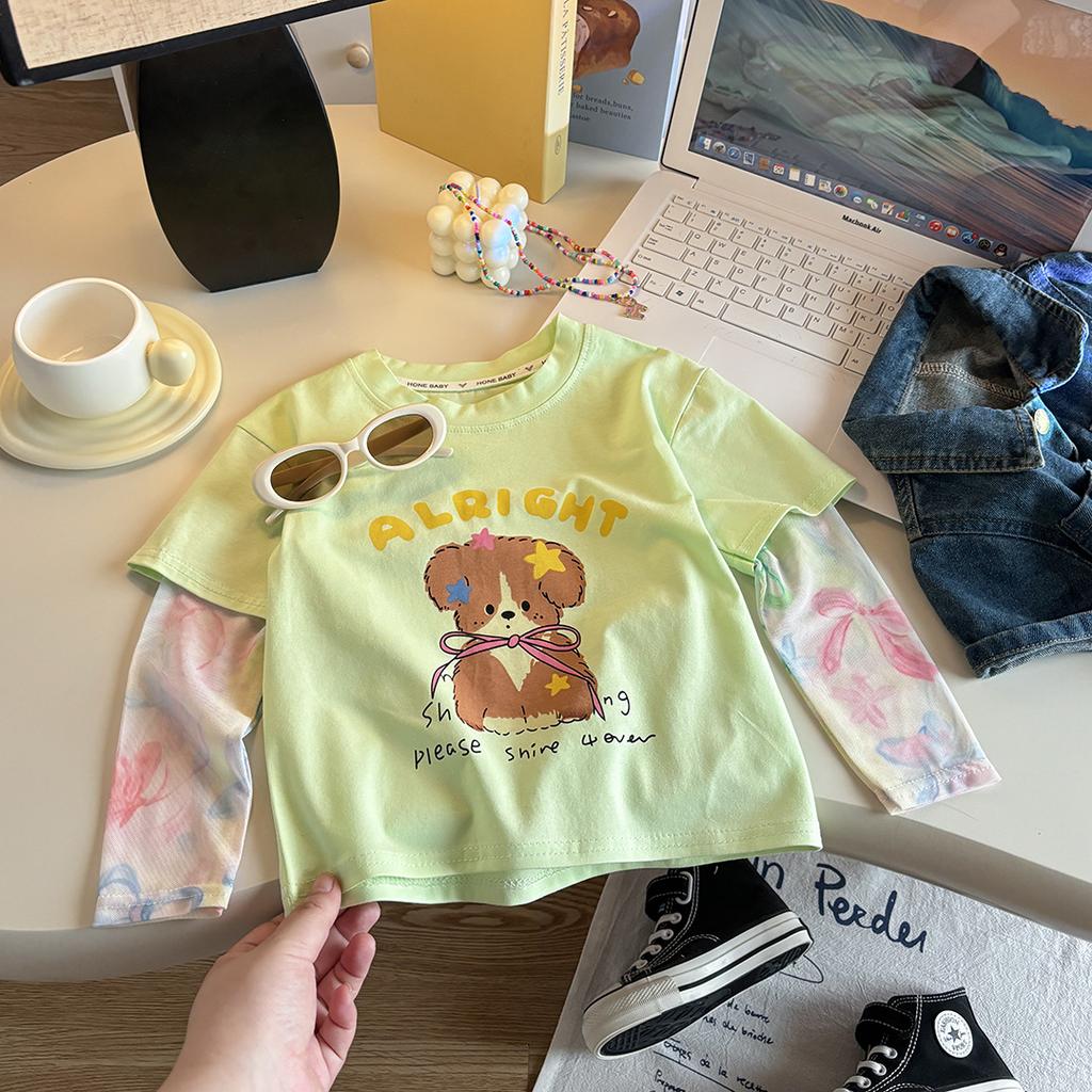 Girls Summer Cotton Cartoon T Shirt Fake Two Piece Sun Protection Sleeves Casual Cute Top Kids Clothing