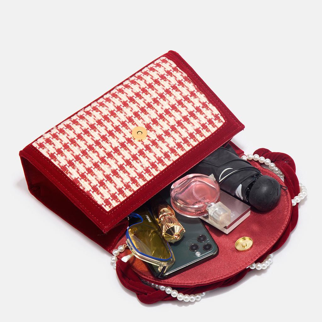 Women'S Bag, Red Niche Thousand Bird Grid, Large Capacity Diagonal Bag, Wedding Gift, Bridal Wedding Bag