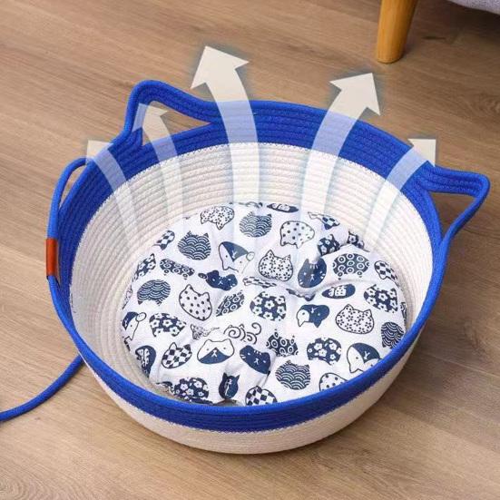 Cat Bed Basket Cotton Rope Woven Pet Bed Breathable Cat Ear Pet Sleeping Basket with Ball Toy for All Seasons Medium Large Cats