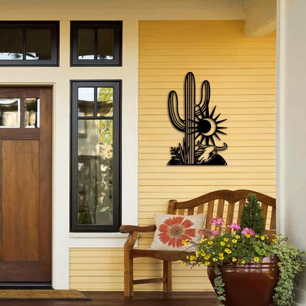 Metal Cactus Wall Art Sun Bull Design Elegant Black Iron Decor Living Room Balcony Gift