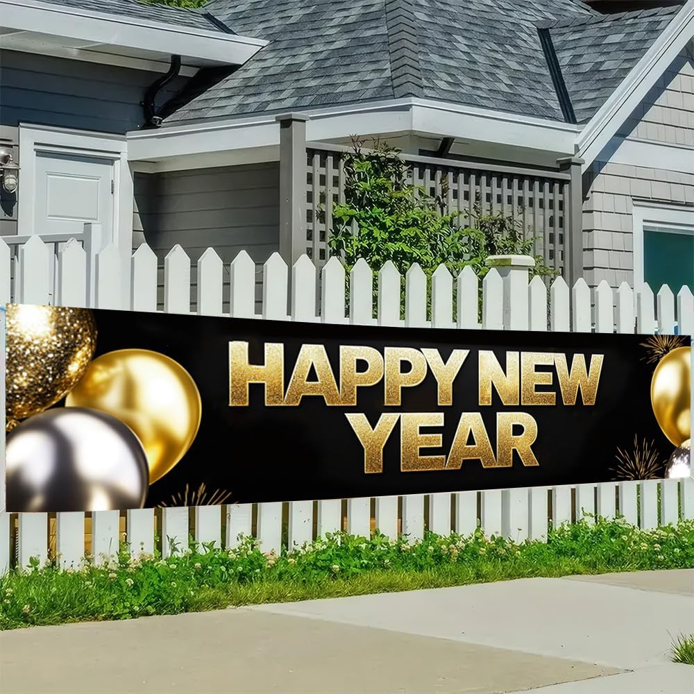 Happy New Year Banner 78.7 x 17.7 Inch Gold and Silver Balloons Sparkling Confetti Design for Holiday Party Decoration Indoor Outdoor Wall Fence or