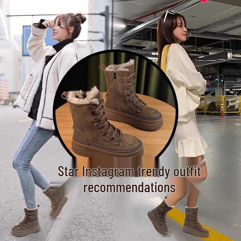 Winter 2025 Women's Mid-Calf Leather and Fur Snow Boots with Thick Soles and Warm Velvet Lining