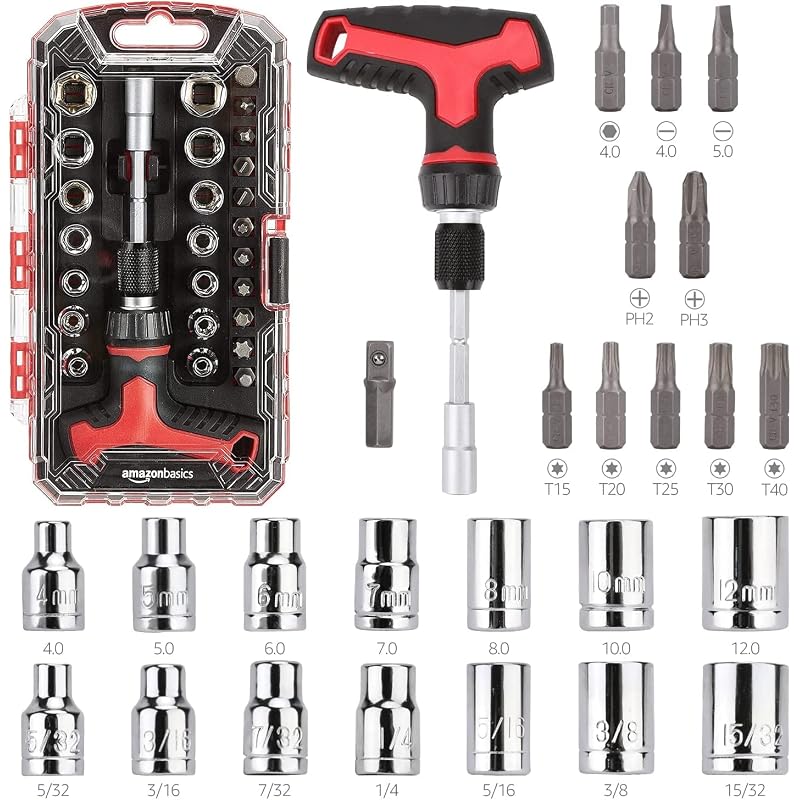 Amazon Basics 27-Piece Ratchet Screwdriver Set with Magnetic T-Handle, 3-Stage Adjustable (Forward/Reverse/Locked), Chrome Vanadium Steel, Compact