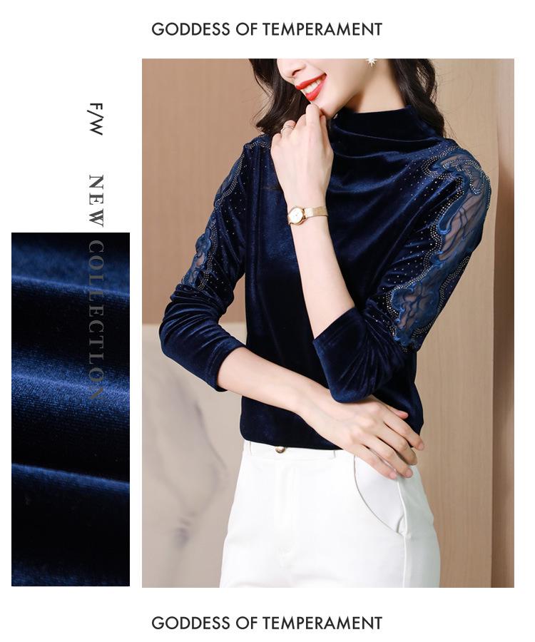 Stylish Versatile Velvet Lace High-Neck Long-Sleeve Shirt for Women