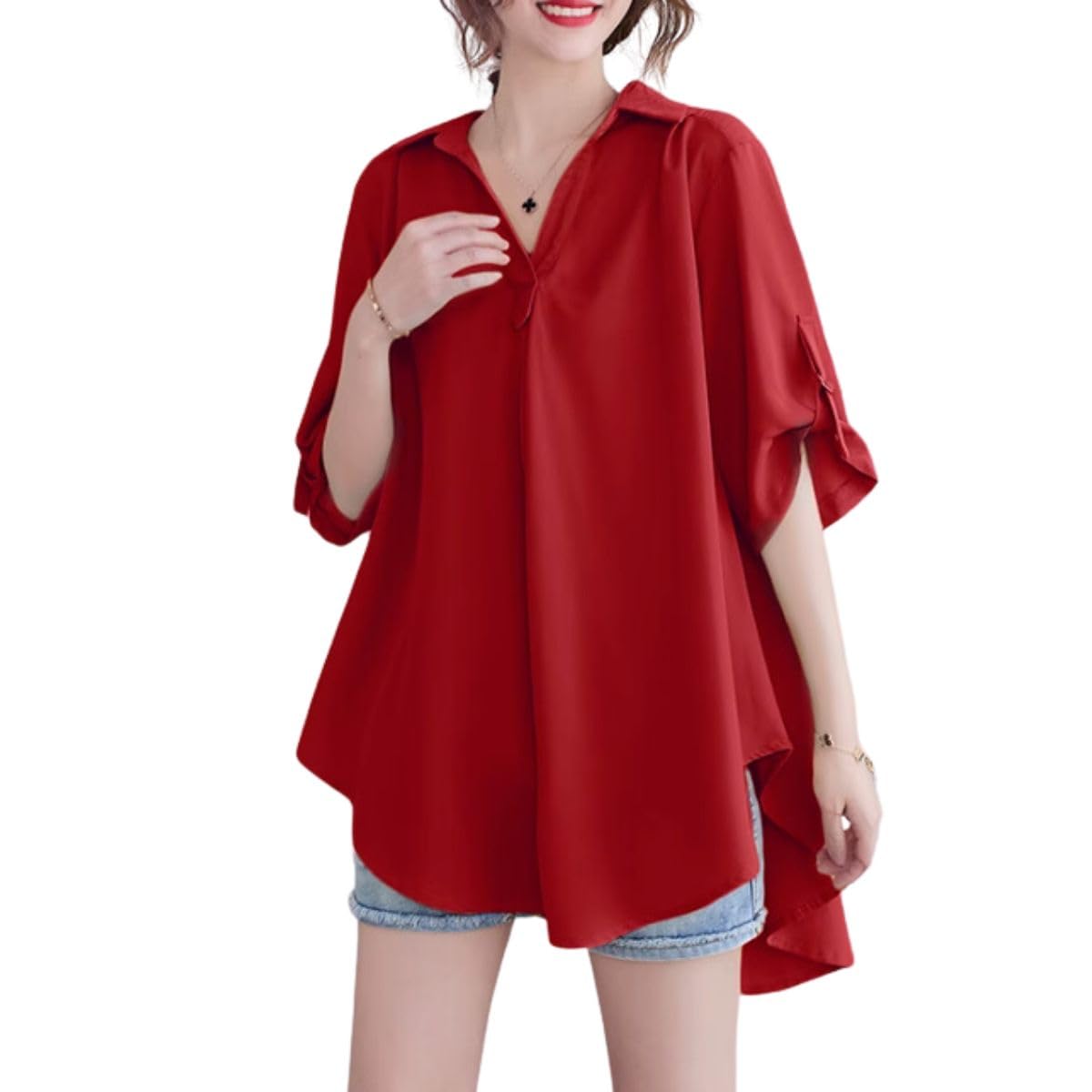 

Short Sleeve Pullover Skipper Shirt Blouse Flare [Belle Cie] Women s (ST/No.27888) (Red)