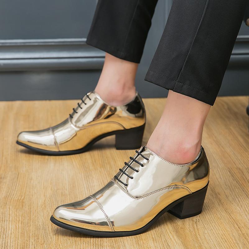 Large size pointed high heels men's shoes British style hair stylist glossy leather shoes European and American style casual business dress shoes