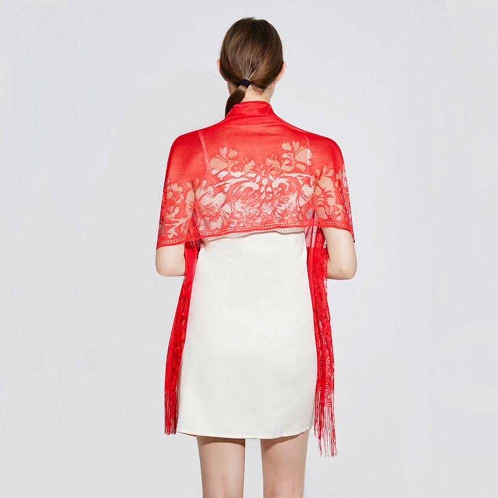 Sunscreen Lace Flower Tassel Scarf Transparent Embroidery Flower Shawl Mesh Neck Scarves  Wedding