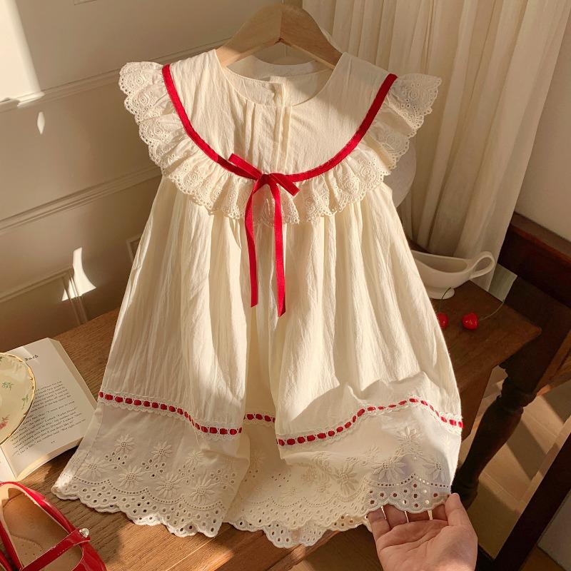 

Children s Lace Lotus Leaf Collar Girls Dress 2 Summer Crew Neck Lace Children s Princess Dress 90cm абрикосовый