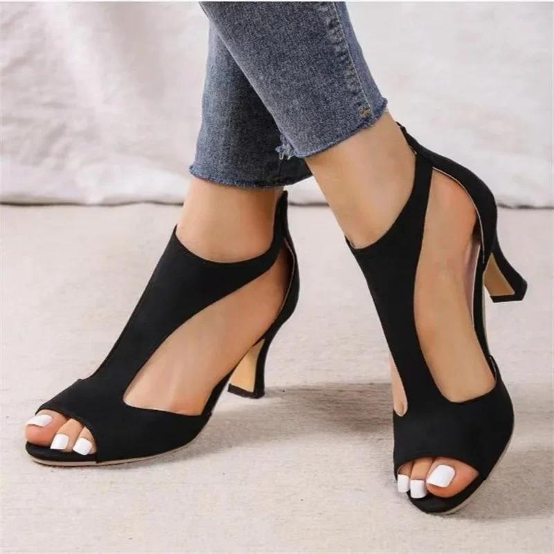 Fashion 2025Shoes New Women High Quality Summer Woman Sandals Solid Color Rome Flock Mid Heel Zipper Open Toe Beach Sandals Female
