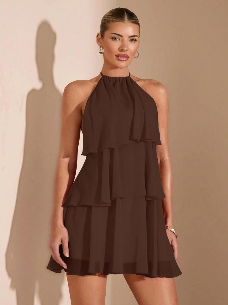 New Women's Irregular Backless Lace-up Dress with Solid Color and Sexy Cake Skirt