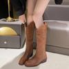 Vintage Totem Print Side Zip Pu Riding Boots Women Fashion Medium Heel Western Boots Women 2025 Winter Sexy Knee High Shoes