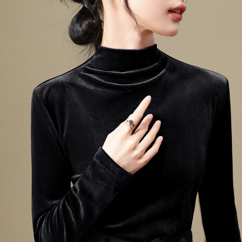 Velvet Bottoming Shirt Women's New Women's Clothing Temperament Semi-turtleneck Shirt with Waist and Long-sleeved Top.