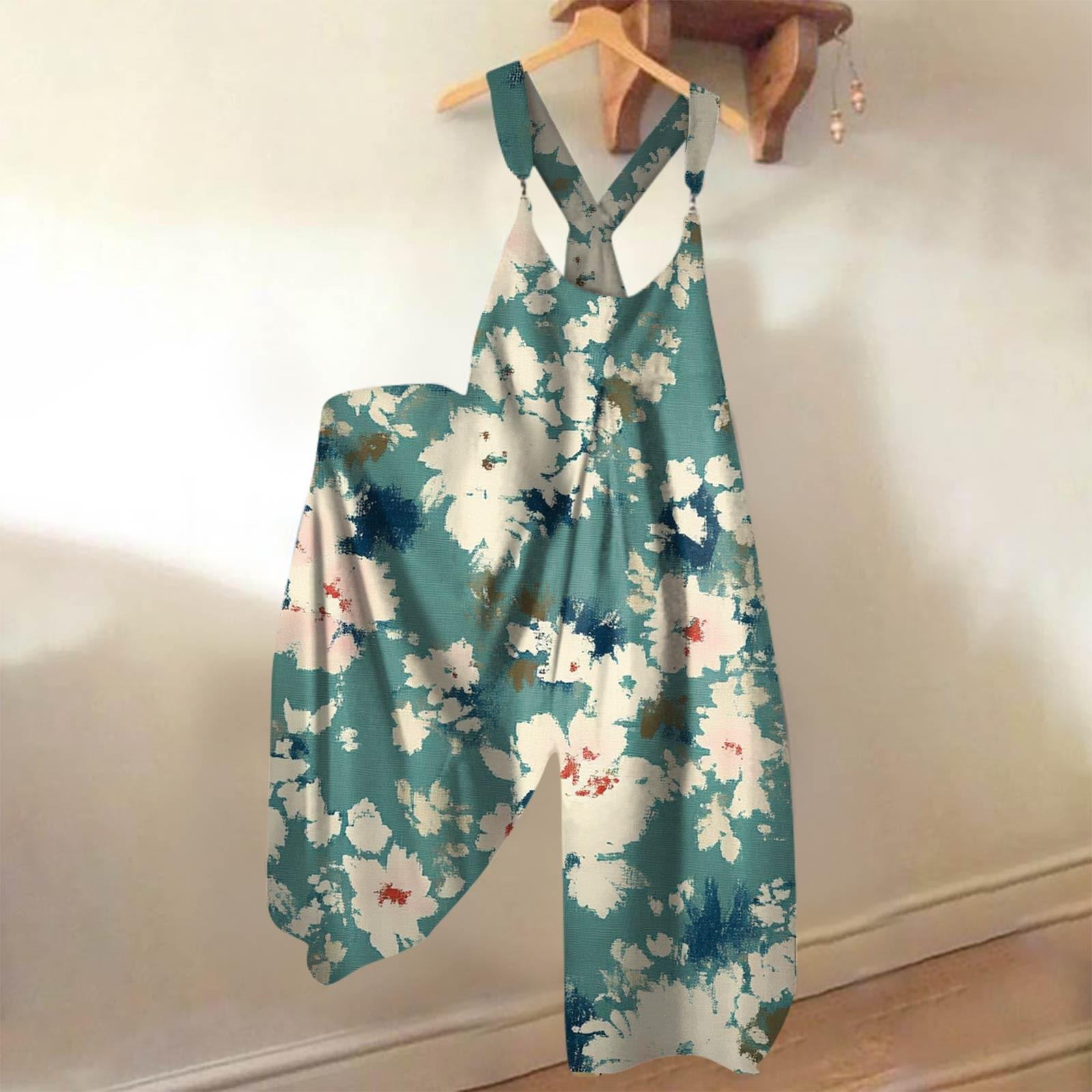 

Широкие комбинезоны для женщин, повседневные свободные комбинезоны без рукавов, ретро-принт, металлические пуговицы, длинные брюки, комбинезон с карманами S