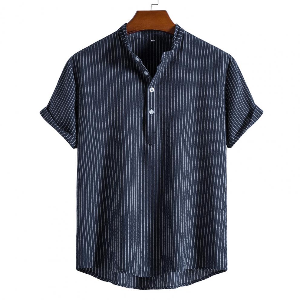 Men Summer Shirt Solid Color Stand Collar Men T-shirt Loose Buttons Short Sleeves Men T-shirt Simple Style Mid Length Men Top