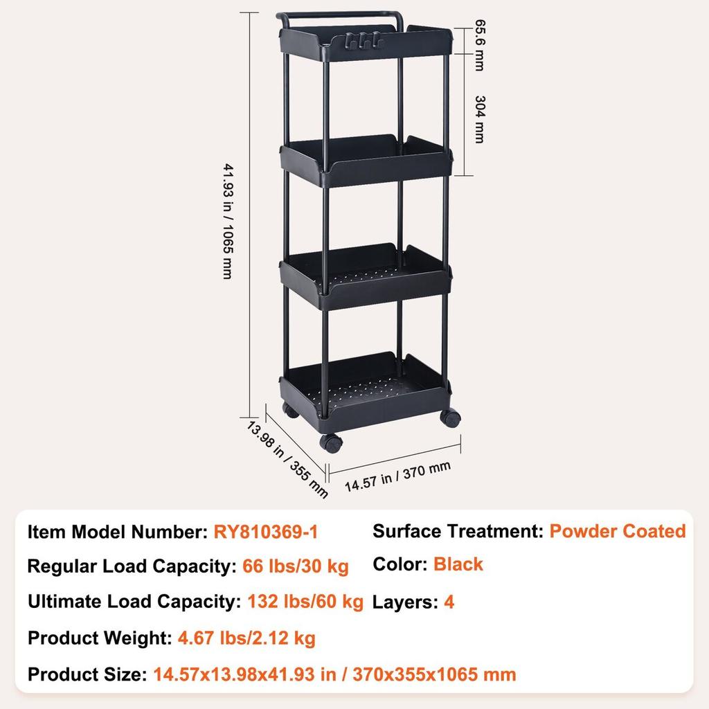 4-Tier Rolling Utility Cart, Kitchen Cart with Lockable Wheels, Multi-Functional Storage Trolley with Handle for Office, Living Room, Kitchen, Movable
