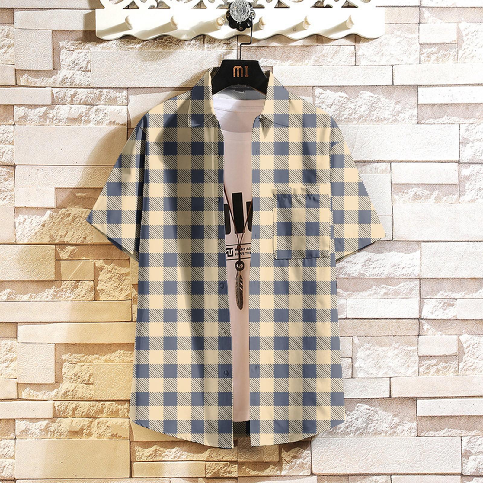 

Мужская клетчатая рубашка, рубашка с коротким рукавом, летняя повседневная одежда XXL бежевый