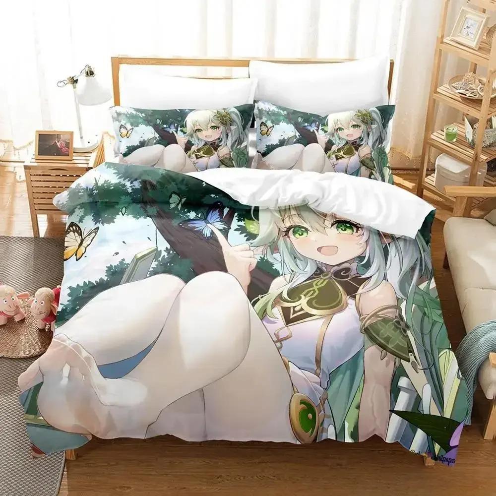 Leicht Atmungsaktiv Neues Spiel Nahida Genshin Impact Cartoon Anime dreiteilig Erwachsene Kinder Schlafzimmer-Sets 3D Kawaii Mädchen Bettdecke