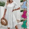 Robe d'été pour femmes, col rond, manches courtes en corne, ligne a plissée, Patchwork, couleur unie, grande balançoire brodée, vacances, plage, robe mi-longue
