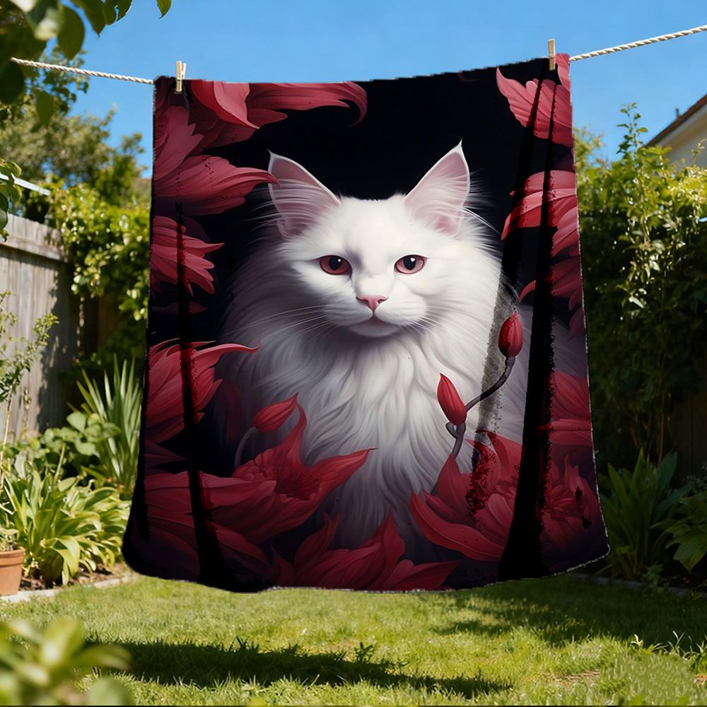 

1pc Cat Flowers Outdoor Blanket Soft Flannel Cozy for Travel & Camping All Season 80x120cm
