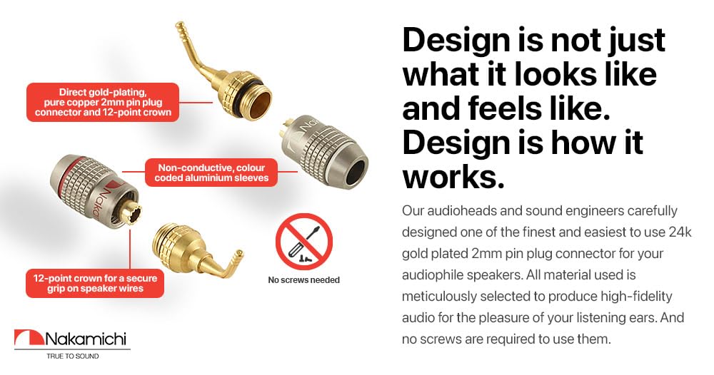 Nakamichi FanLock Excel Series 24k Gold Plated 2mm Pin Plug Banana Spring Clip 10 AWG 18 AWG Gauge Size 4mm for Speaker Amplifier Stereo Home Theater