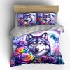 Wolf with Rainbow Roses & Moon Bedding Duvet Cover Set  (1*Duvet Cover 2*Pillowcases, Without Duvet Insert)