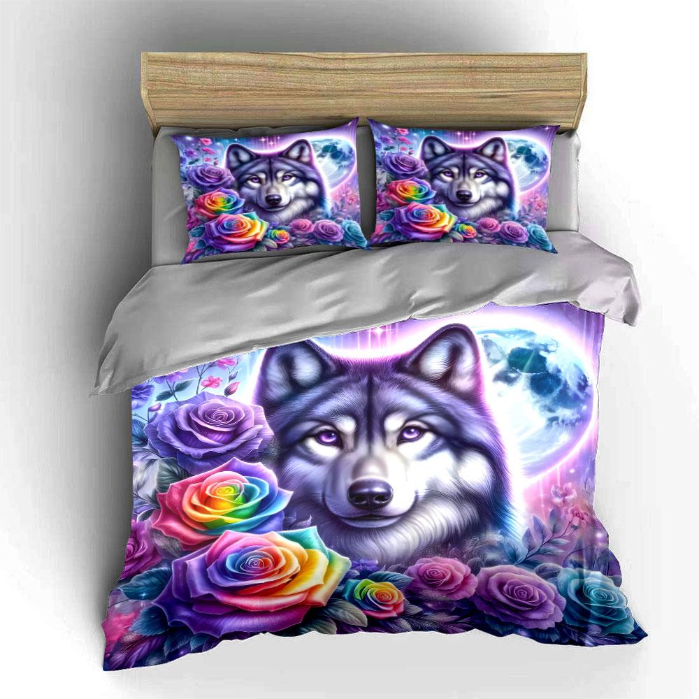 Wolf with Rainbow Roses & Moon Bedding Duvet Cover Set (1*Duvet Cover 2*Pillowcases, Without Duvet Insert)