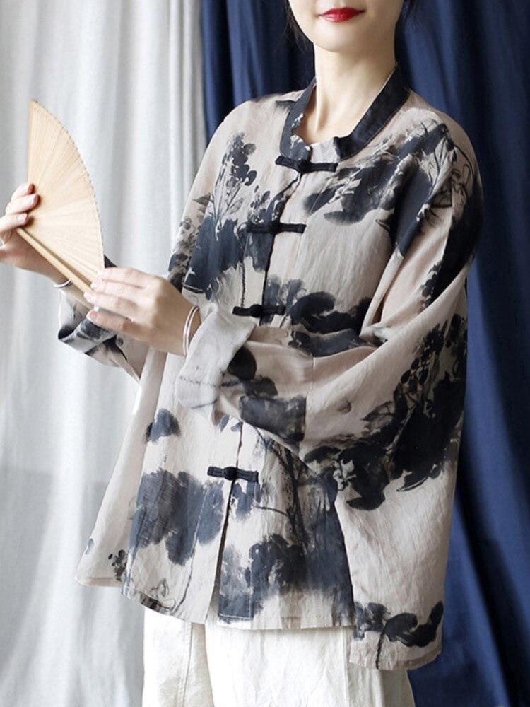 Johnature Camisas de ramio de estilo chino para mujer, Tops con botones de manga larga, blusas holgadas de otoño, camisas con estampado de lavado de tinta