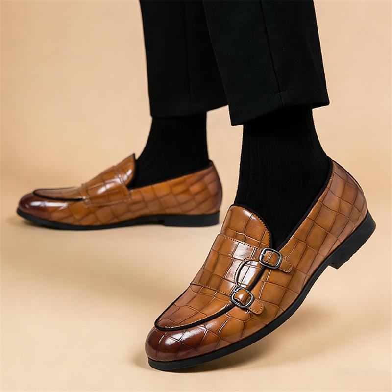 Britain New Pointed Double Buckle Monk Strap Leather Shoes for Men Casual Loafers Formal Dress Footwear Sapatos Tenis Masculino