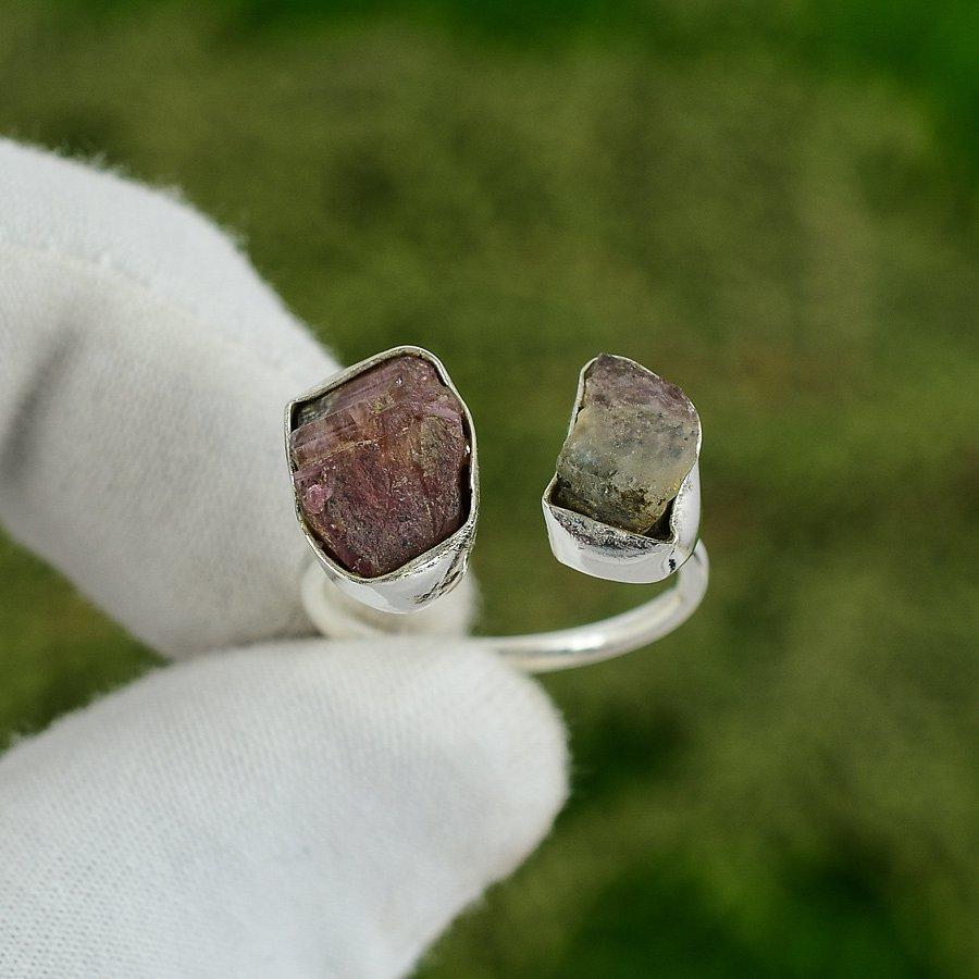 Natural Pink Tourmaline Rough Stackable Adjustable Ring 925 Silver For Women