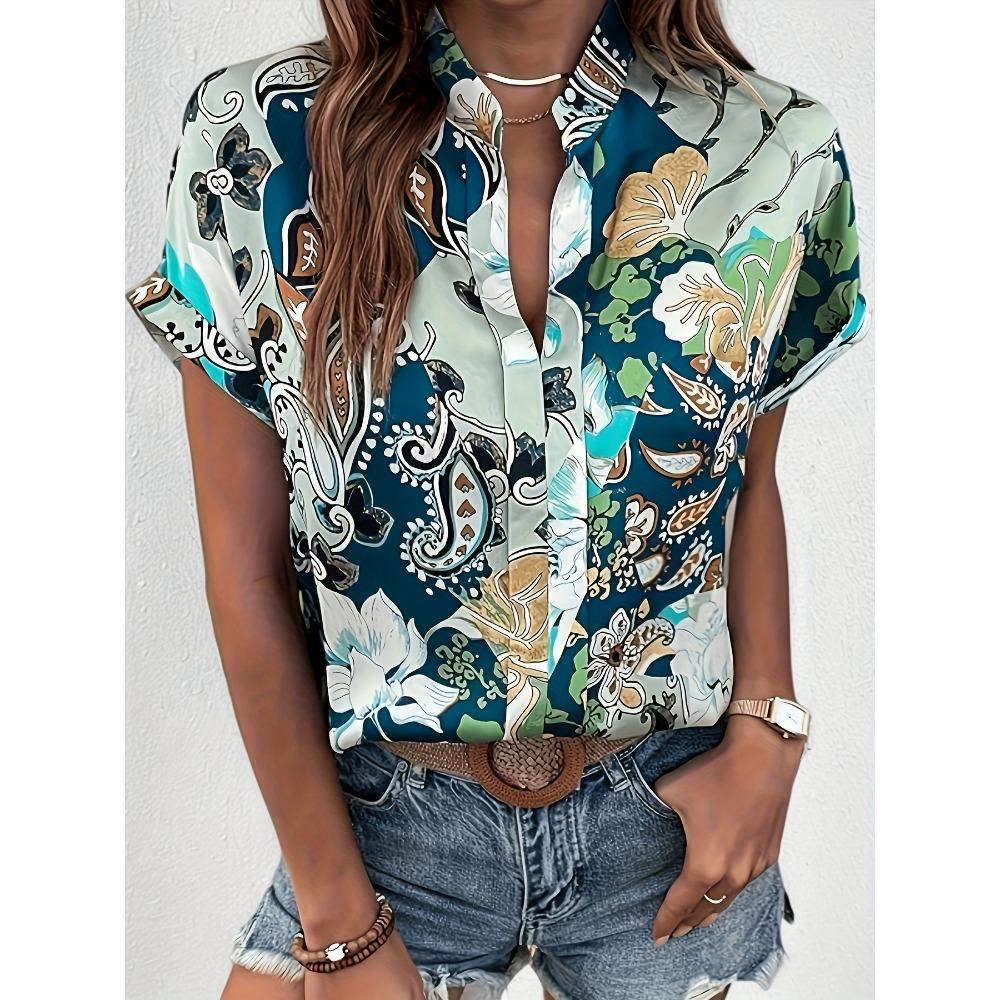 Elegant Direction Women S Elegant Floral Print V-Neck Short Sleeve Top S