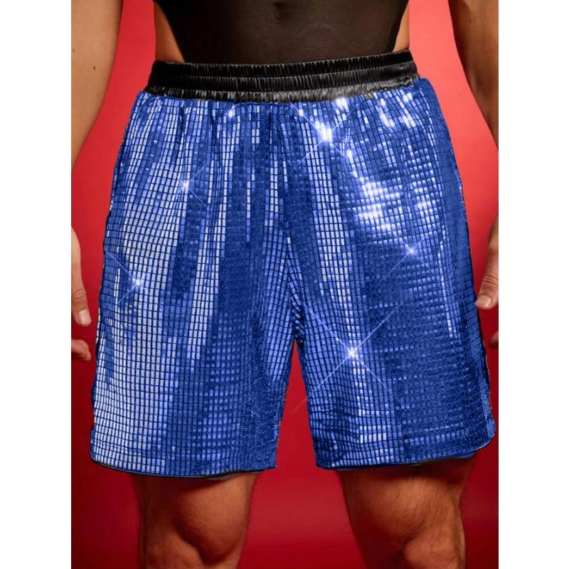 Pantalones Cortos Metálicos de Rejilla con Lentejuelas para Hombre Cintura Alta Elástica Brillo Fiesta Disco •