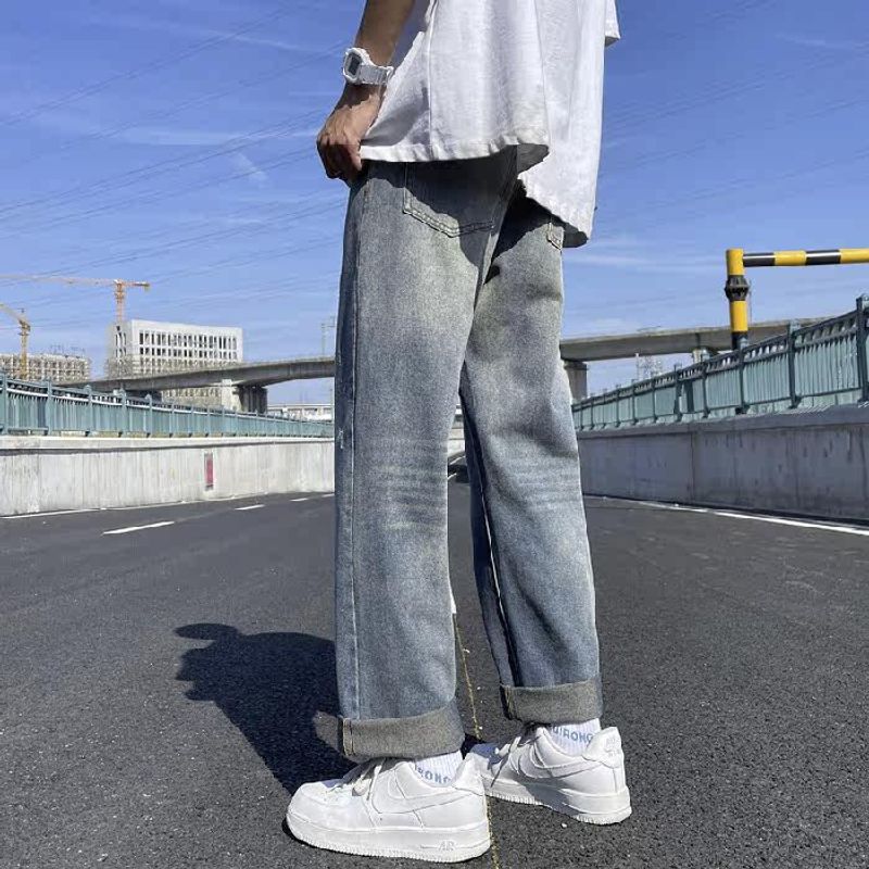 Export Surplus American High Street Style Loose Ripped Jeans for Men, Summer Vintage Casual Straight-Leg Trendy Brand Pants Blue XL