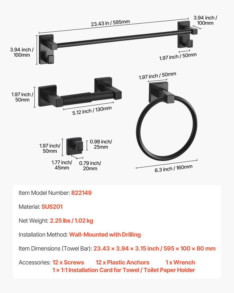 Matte Black Bathroom Hardware Set, 4 Pieces Stainless Steel Bathroom Accessories Set, 24-inch Towel Bar, Towel Ring, Robe Towel Hook, Toilet Paper