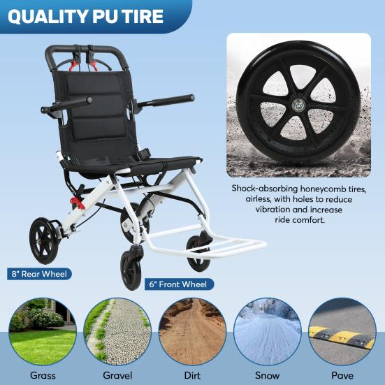 17.7 Inches Transport Wheelchair Lightweight Foldable Wheelchair Portable Aluminum Alloy Travel Wheelchair with Handlebar Brake Lever for Adults